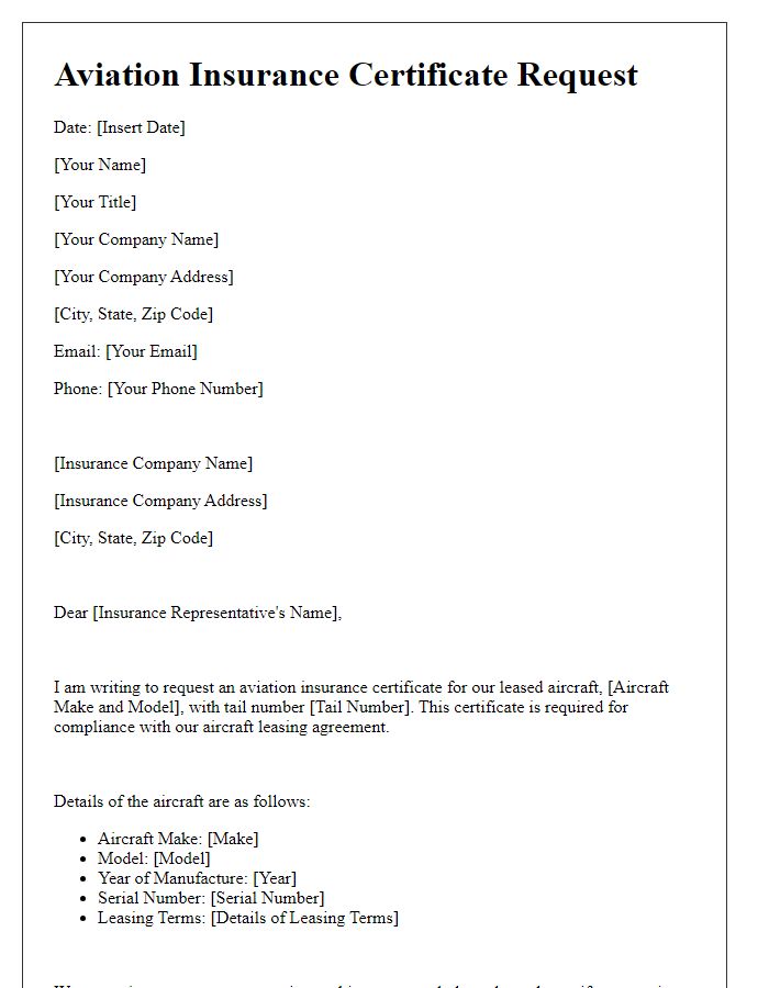 Letter template of aviation insurance certificate request for aircraft leasing.