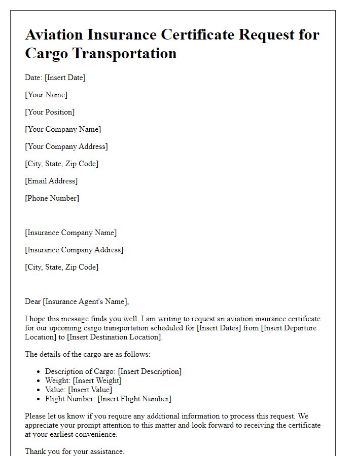 Letter template of aviation insurance certificate request for cargo transportation.