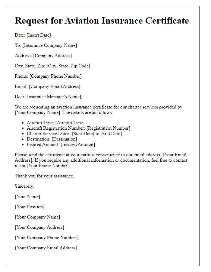 Letter template of aviation insurance certificate request for charter services.