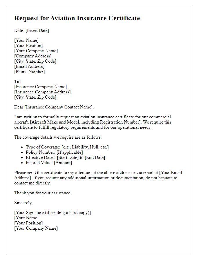 Letter template of aviation insurance certificate request for commercial aircraft.