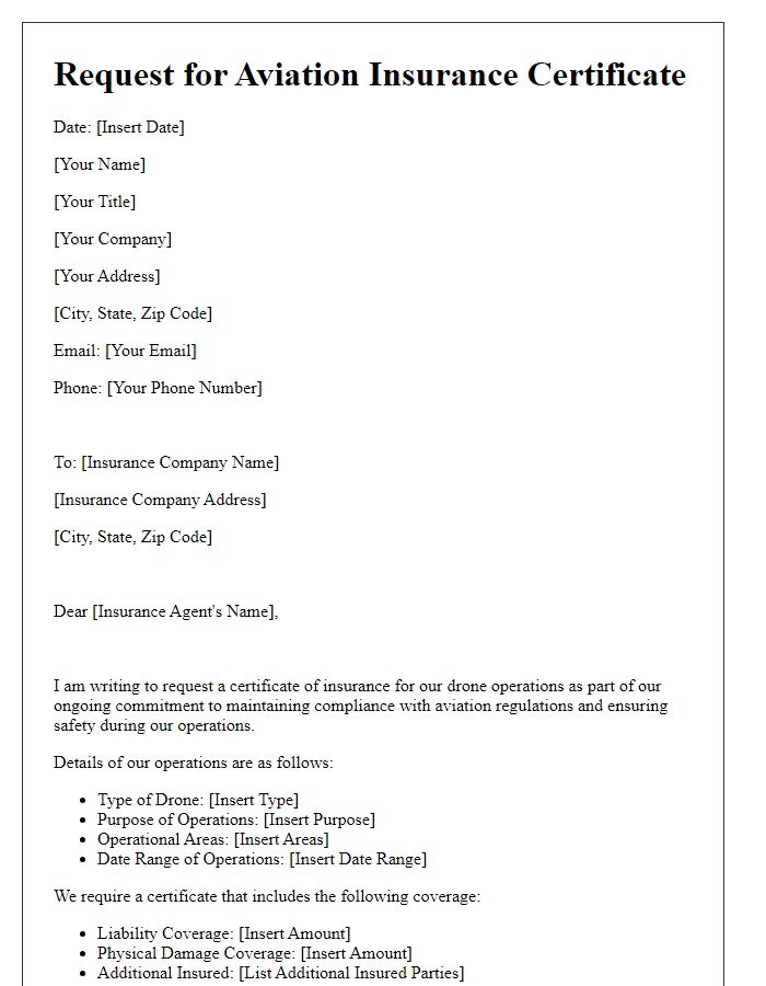 Letter template of aviation insurance certificate request for drone operations.