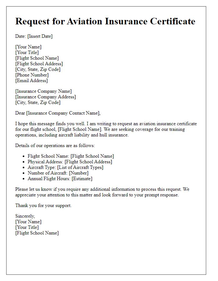 Letter template of aviation insurance certificate request for flight school coverage.