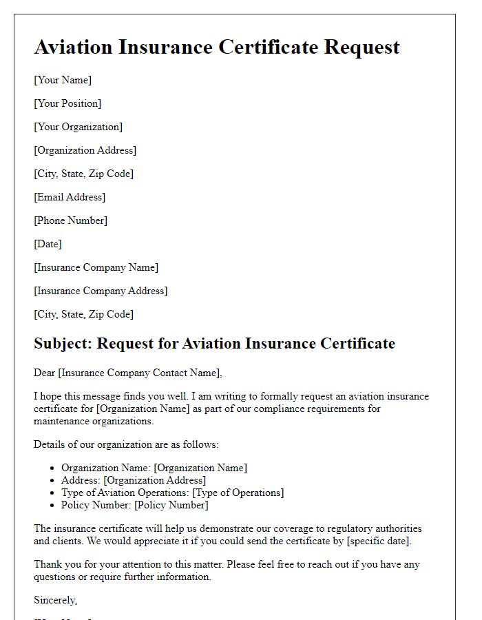 Letter template of aviation insurance certificate request for maintenance organizations.