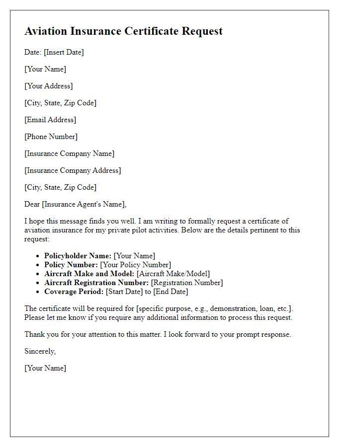 Letter template of aviation insurance certificate request for private pilot.