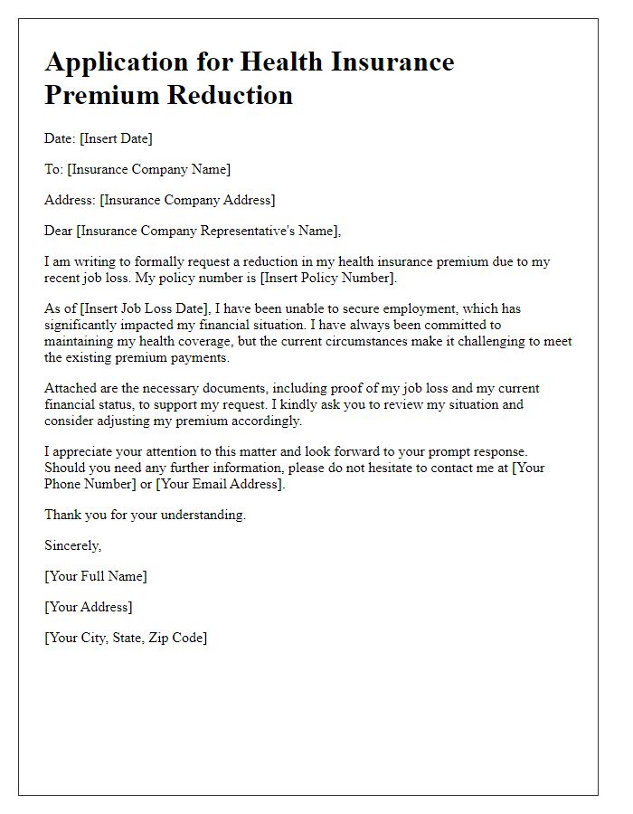 Letter template of application for health insurance premium reduction after job loss.