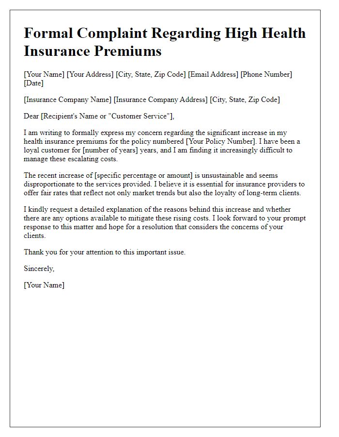 Letter template of formal complaint regarding high health insurance premiums.