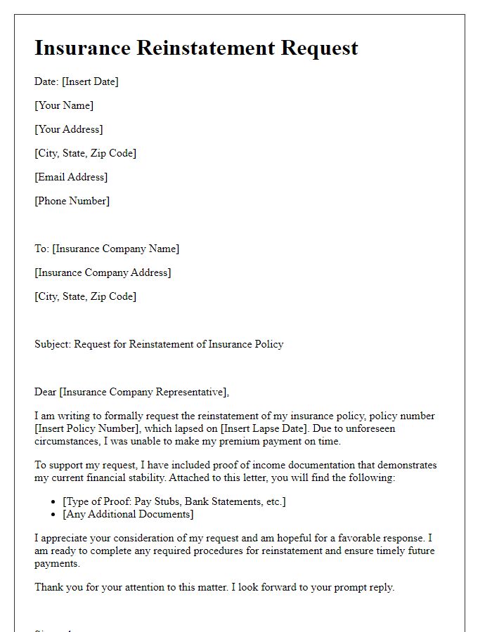 Letter template of insurance lapse reinstatement with proof of income.