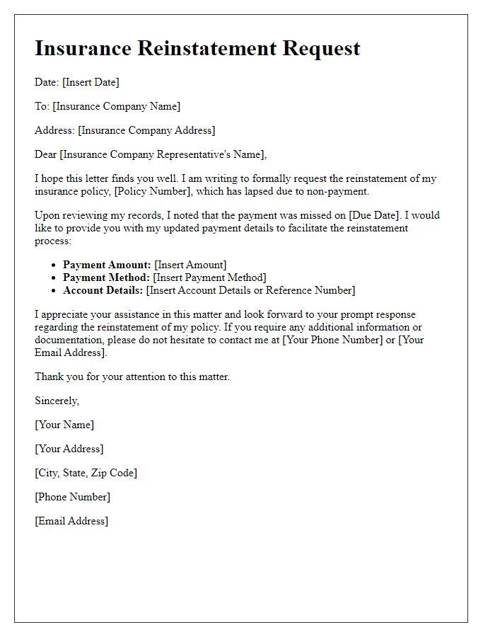 Letter template of insurance lapse reinstatement with updated payment details.