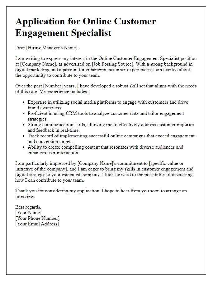 Letter template of job application detailing skills in online customer engagement.