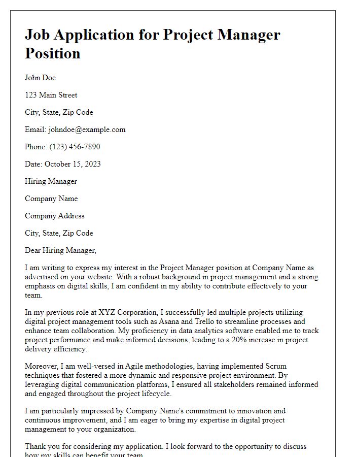 Letter template of job application emphasizing digital skills in project management.