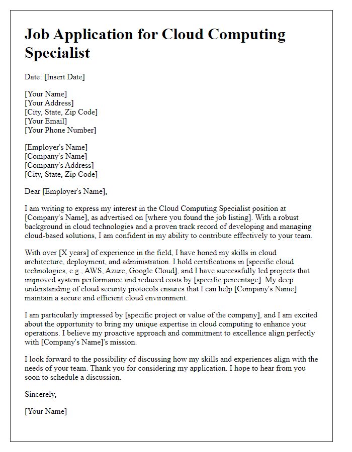 Letter template of job application featuring cloud computing expertise.