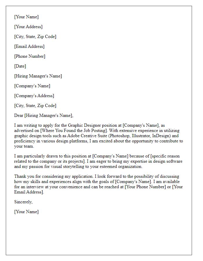 Letter template of job application focusing on expertise in graphic design tools.