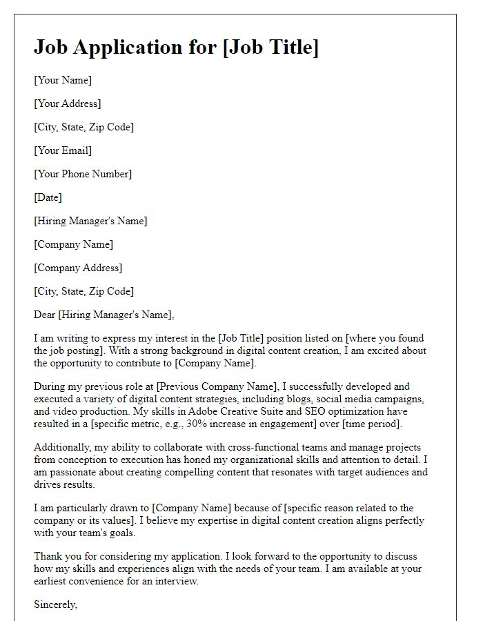 Letter template of job application highlighting digital content creation abilities.