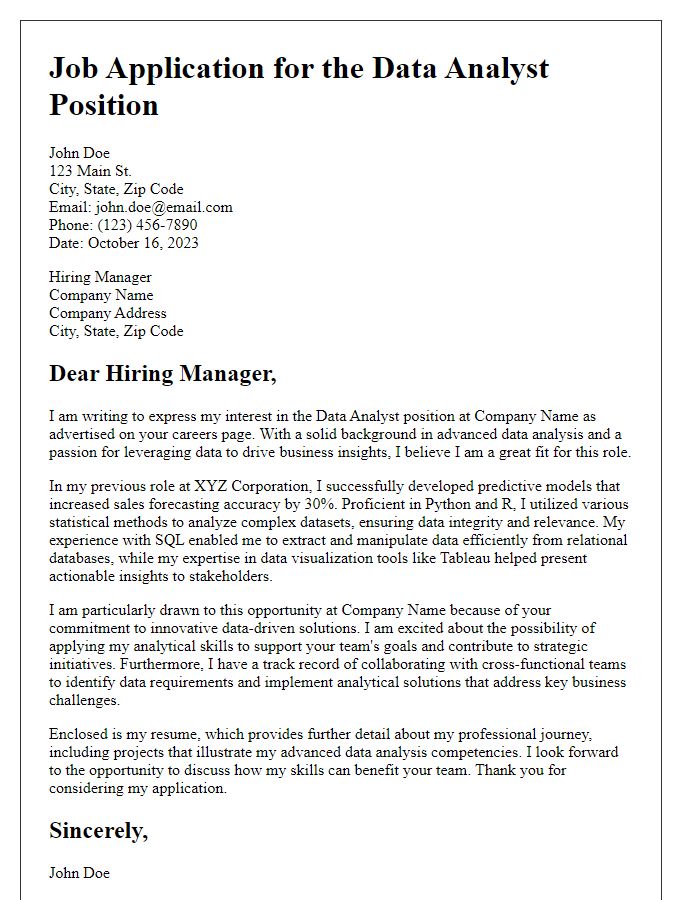 Letter template of job application illustrating advanced data analysis competencies.