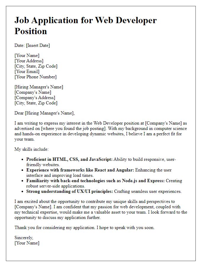 Letter template of job application underlining web development skills.