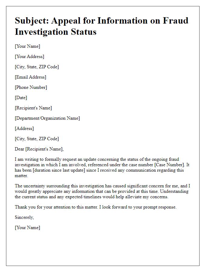 Letter template of appeal for information on fraud investigation status