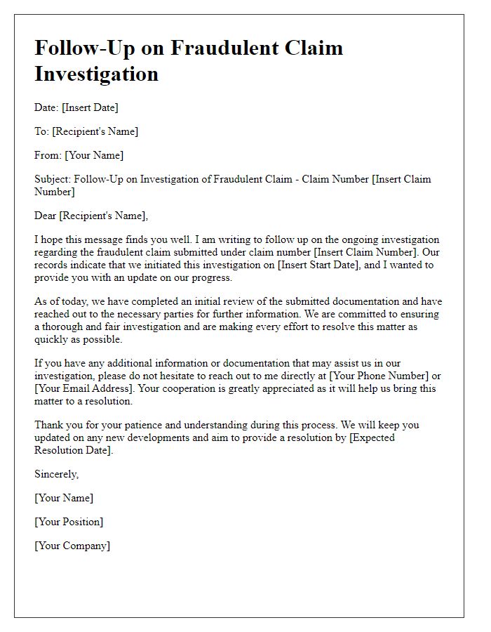 Letter template of follow-up on fraudulent claim investigation