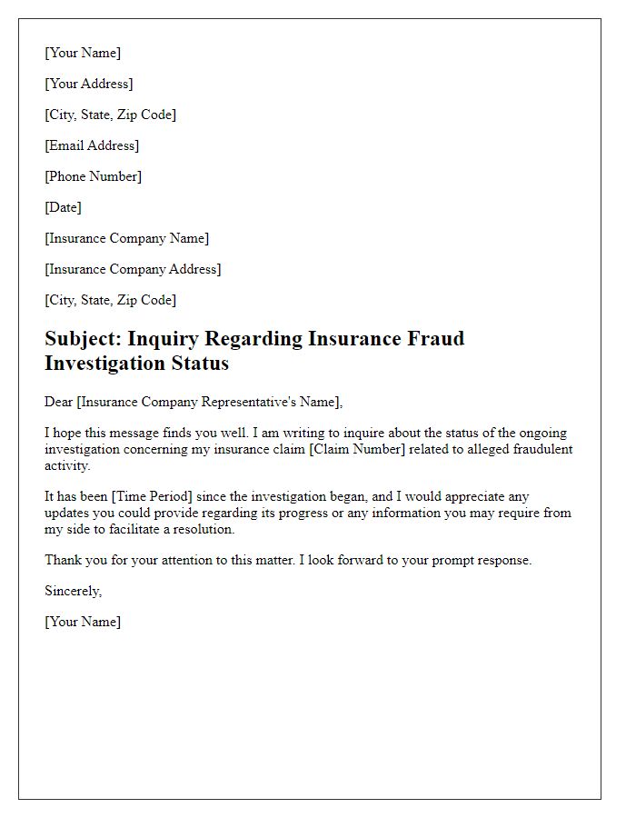 Letter template of insurance fraud investigation status inquiry