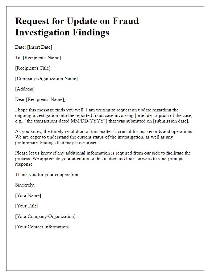 Letter template of update request for fraud investigation findings