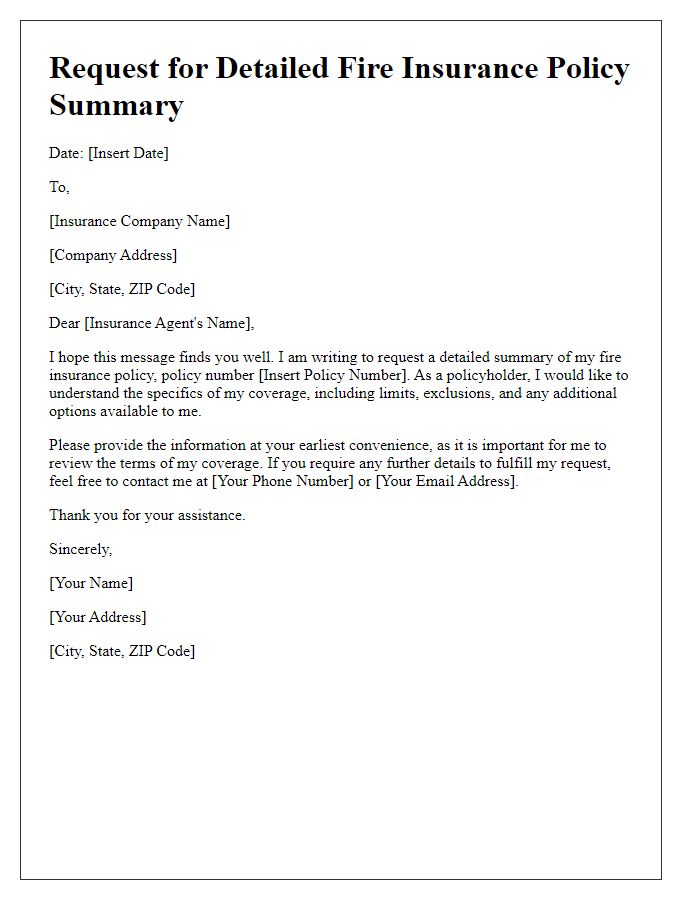 Letter template of request for detailed fire insurance policy summary