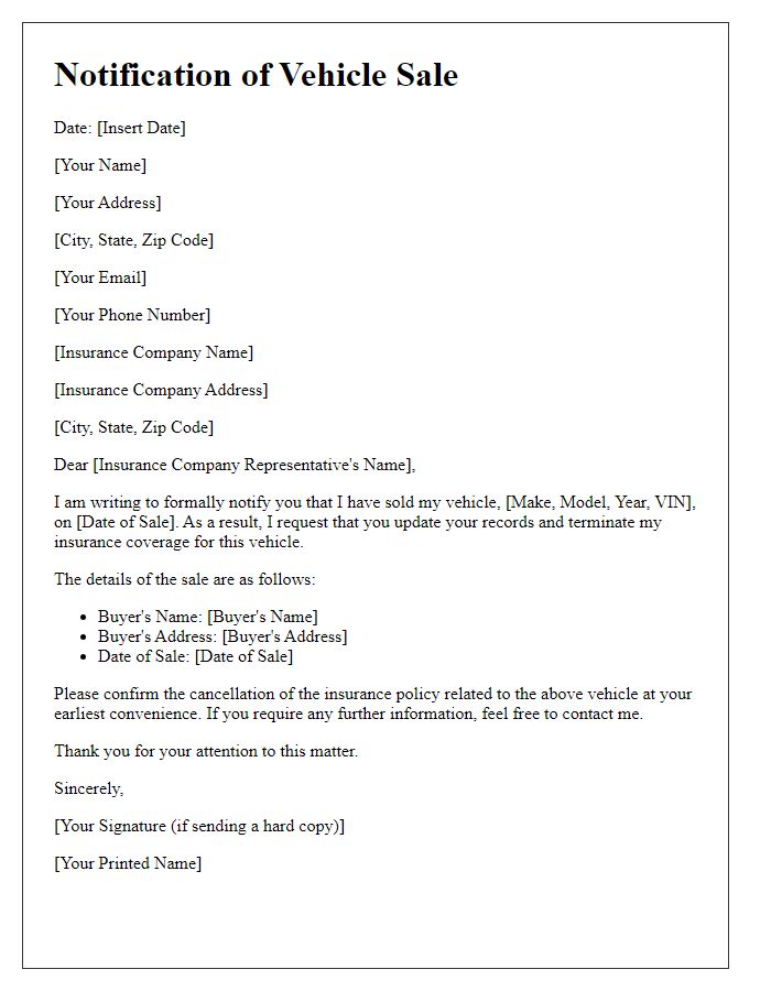 Letter template of notifying insurance company of vehicle sale