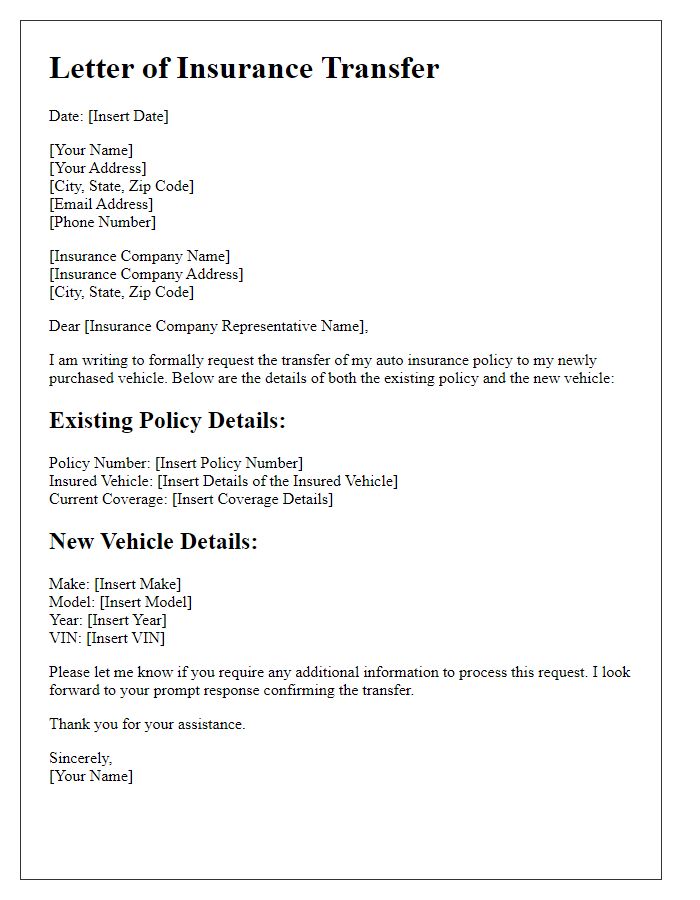 Letter template of transfer of insurance for newly purchased vehicle