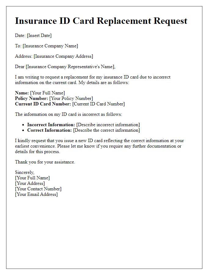 Letter template of communication for insurance ID card replacement due to incorrect information