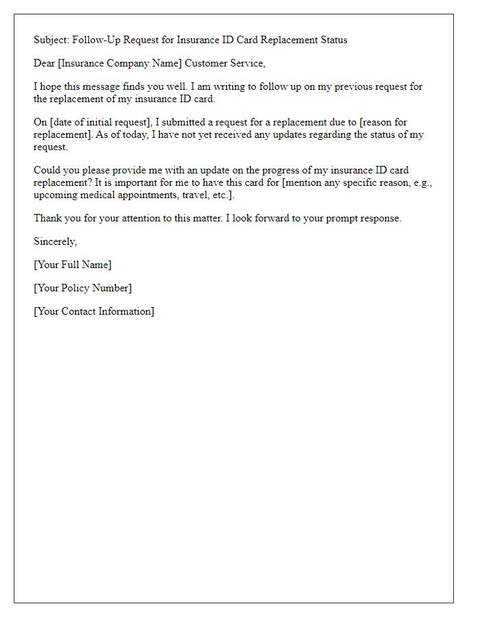 Letter template of follow-up request for insurance ID card replacement status update