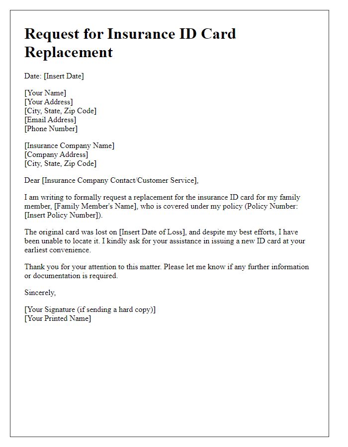 Letter template of formal request for insurance ID card replacement for family member