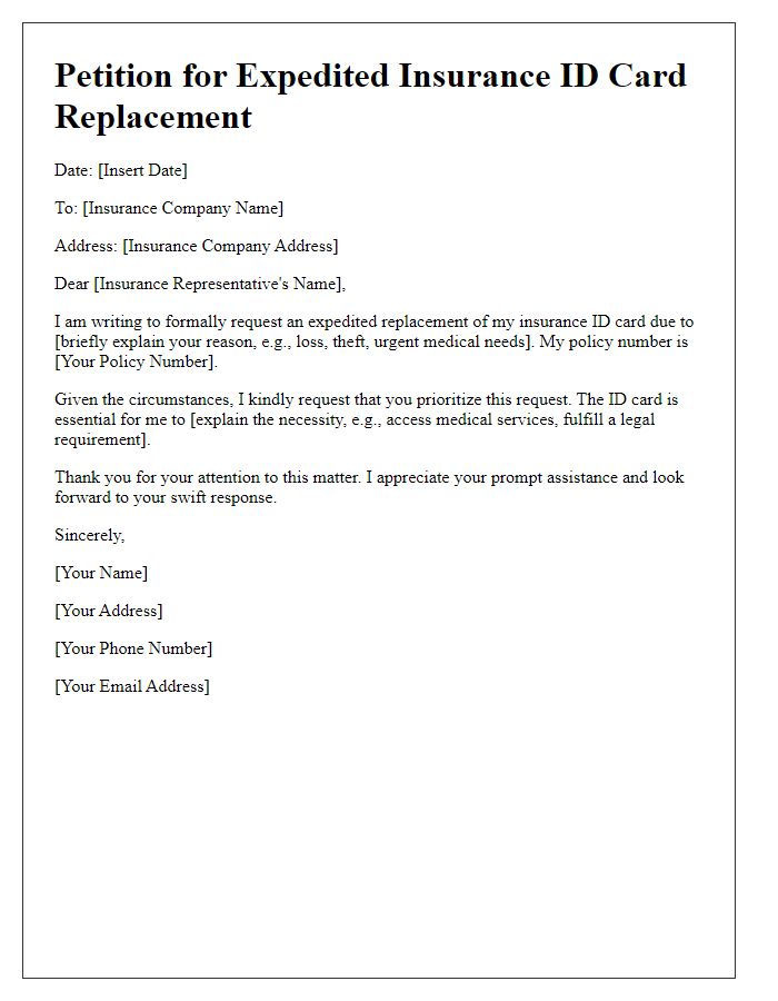 Letter template of petition for expedited insurance ID card replacement