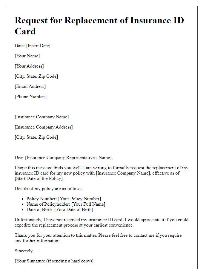 Letter template of submission for insurance ID card replacement for a new policyholder