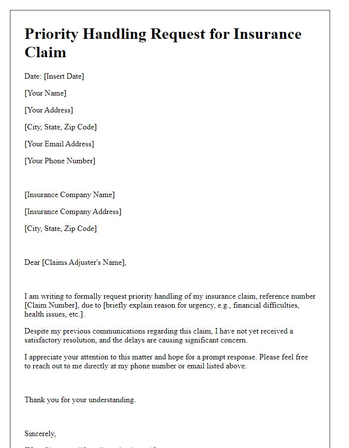 Letter template of insurance claim process priority handling request