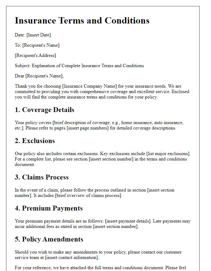 Letter template of complete insurance terms and conditions explanation