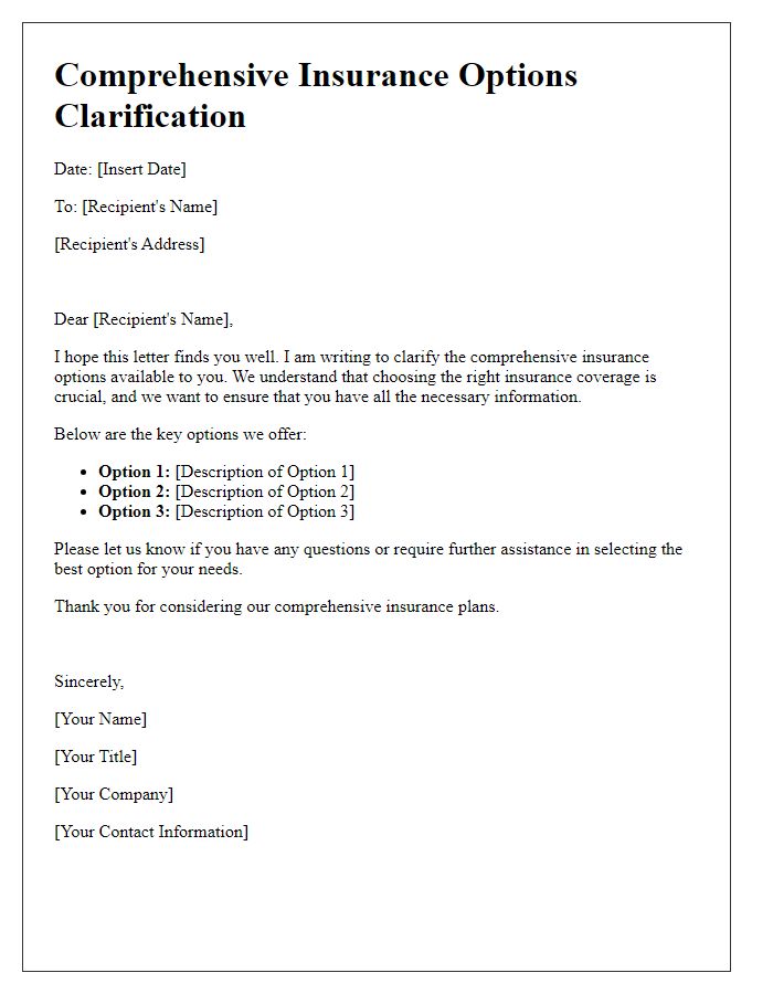 Letter template of comprehensive insurance options clarification