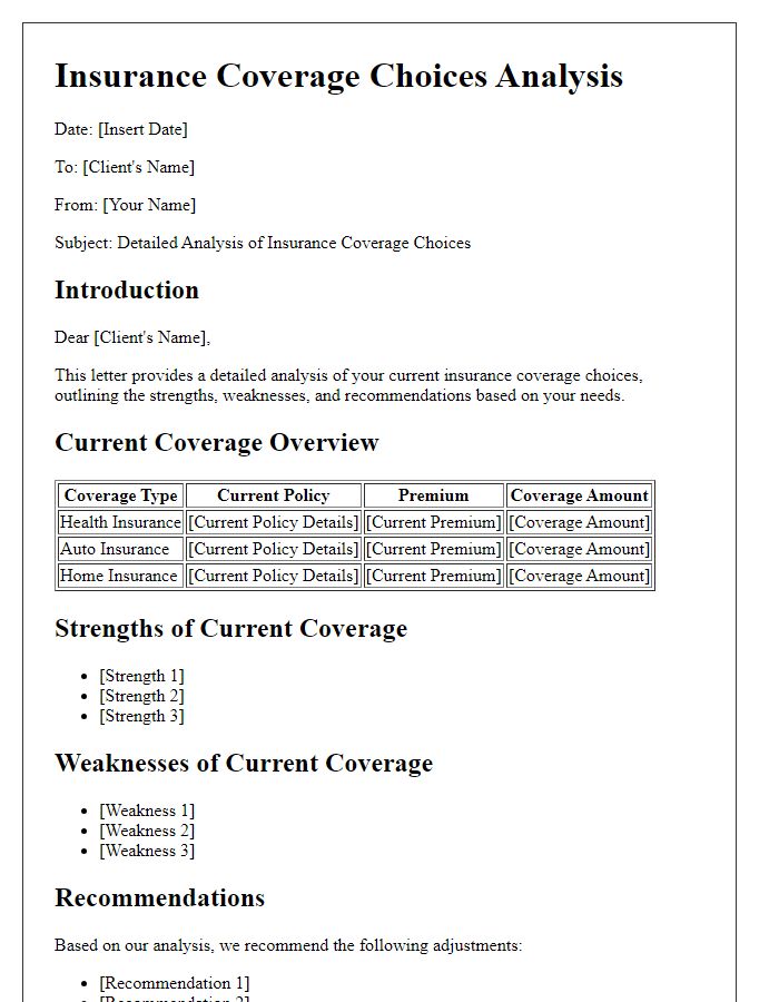 Letter template of detailed analysis of insurance coverage choices