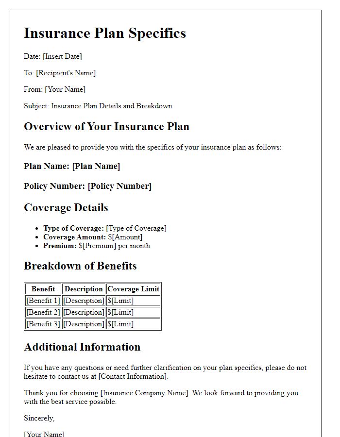 Letter template of insurance plan specifics and breakdown