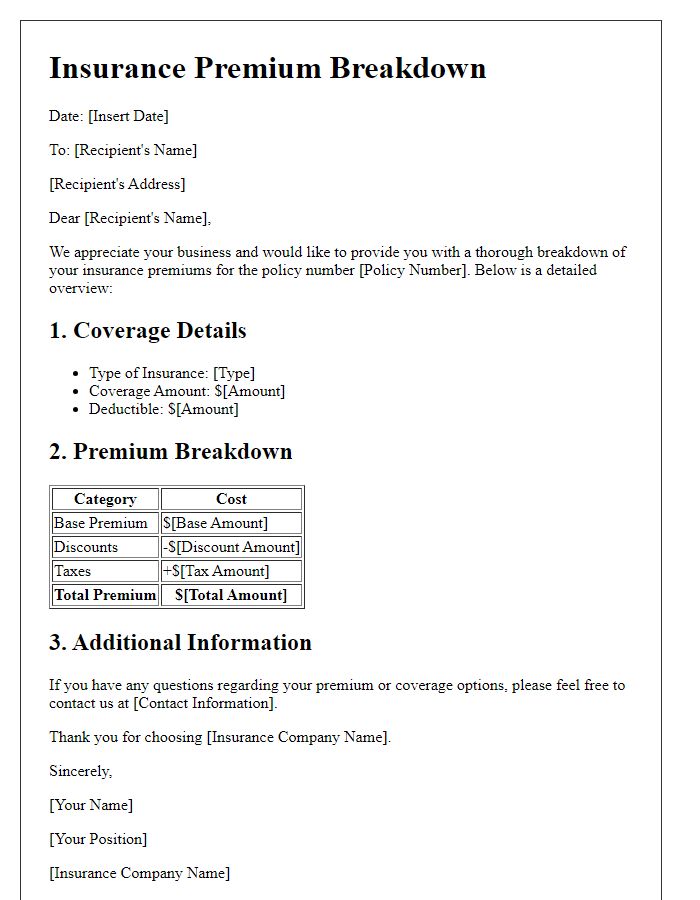 Letter template of thorough breakdown of insurance premiums