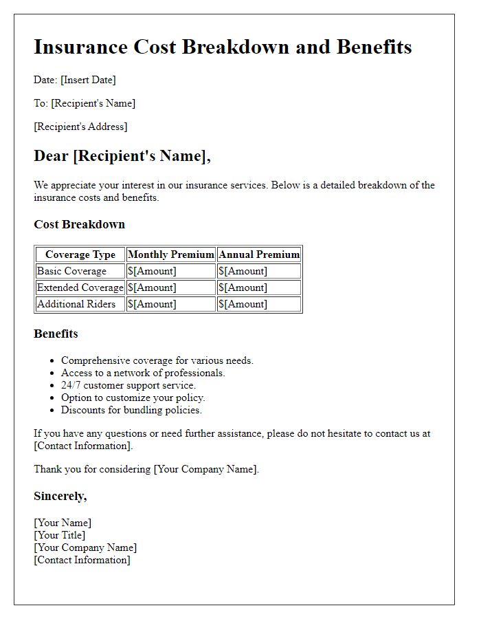 Letter template of transparent insurance cost breakdown and benefits