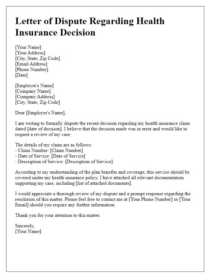 Letter template of dispute for employer health insurance decision