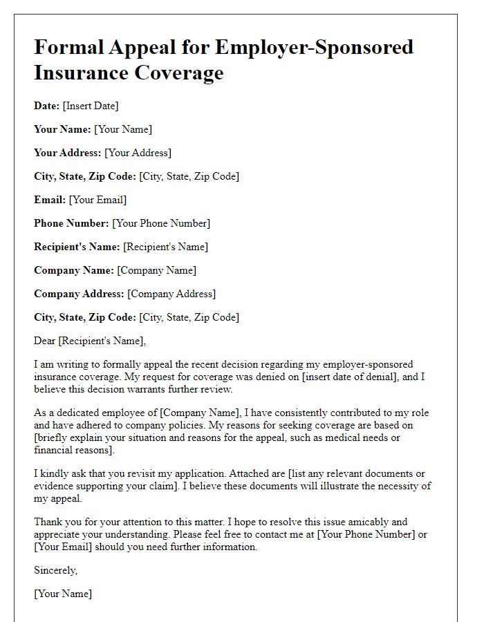 Letter template of formal appeal for employer-sponsored insurance coverage