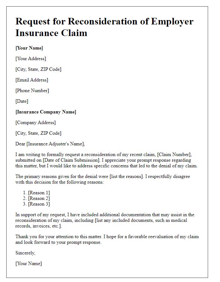 Letter template of request for reconsideration of employer insurance claim