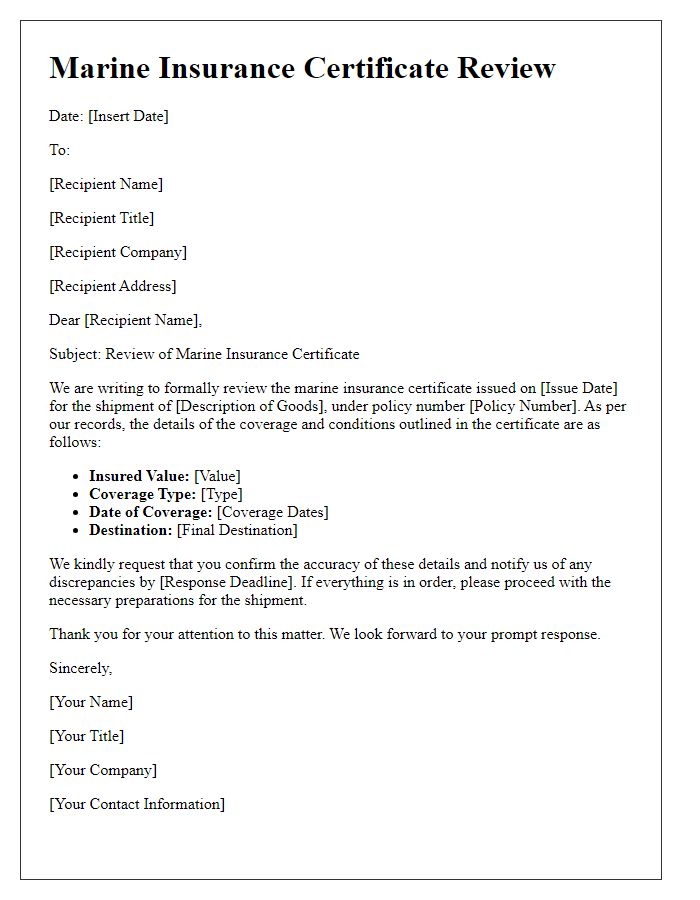 Letter template of marine insurance certificate review