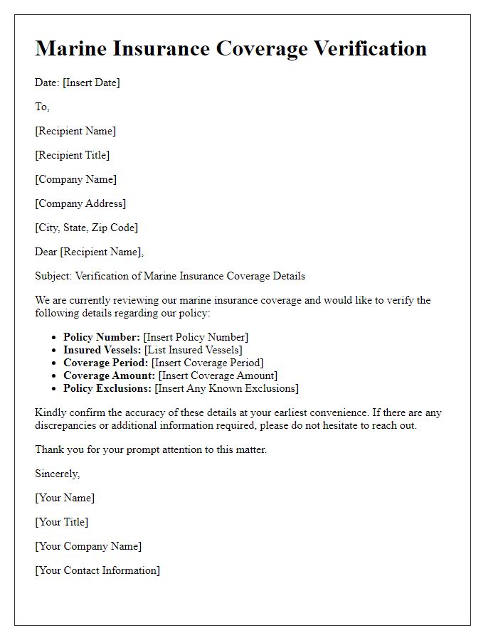 Letter template of marine insurance coverage details verification