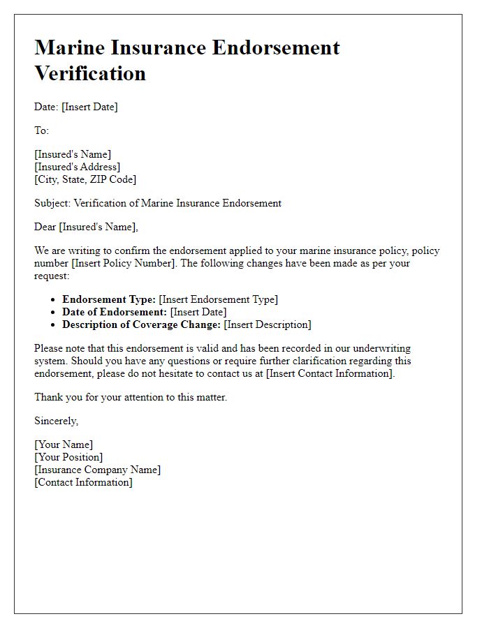 Letter template of marine insurance endorsement verification