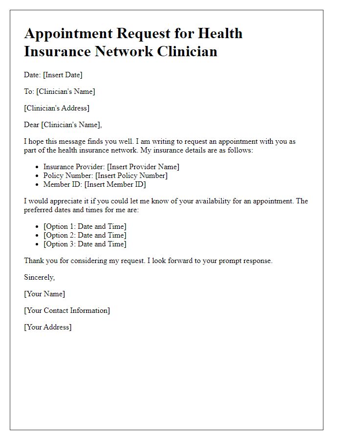 Letter template of health insurance network clinician appointment request