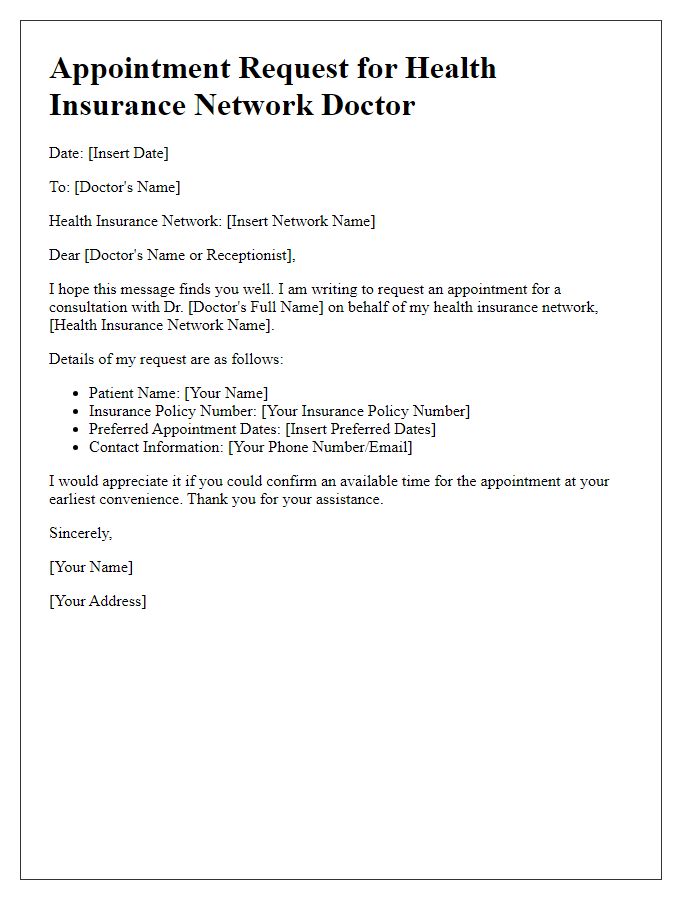 Letter template of health insurance network doctor appointment request