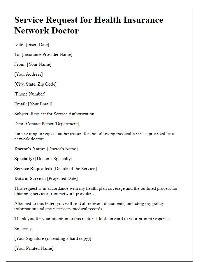 Letter template of health insurance network doctor service request