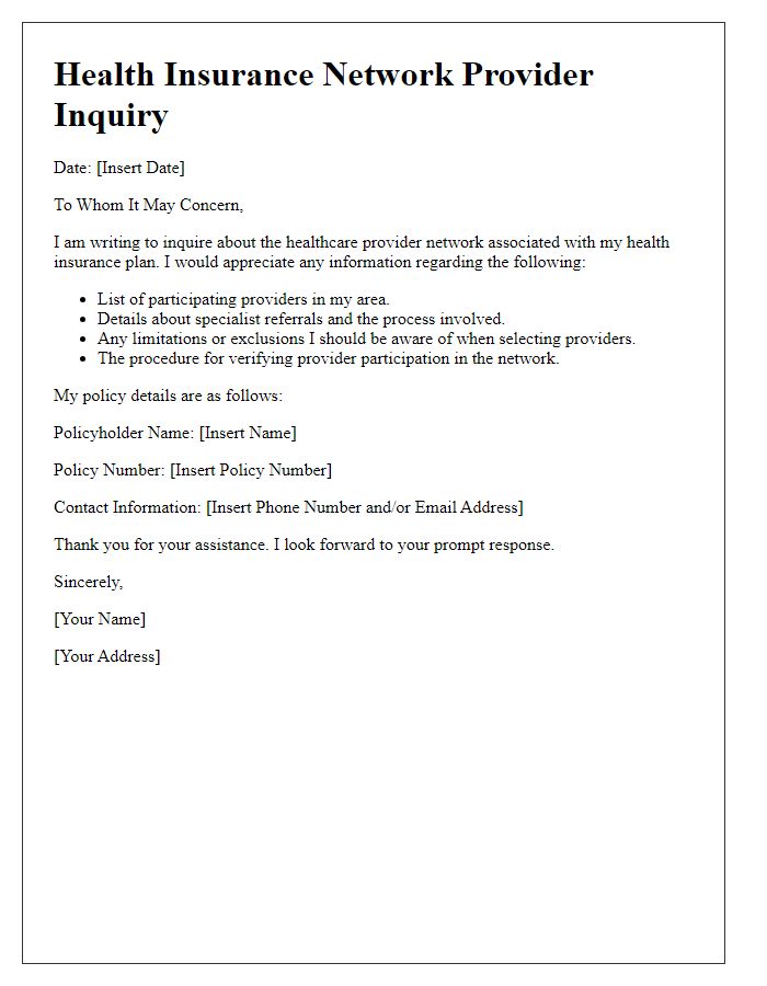 Letter template of health insurance network healthcare provider inquiry