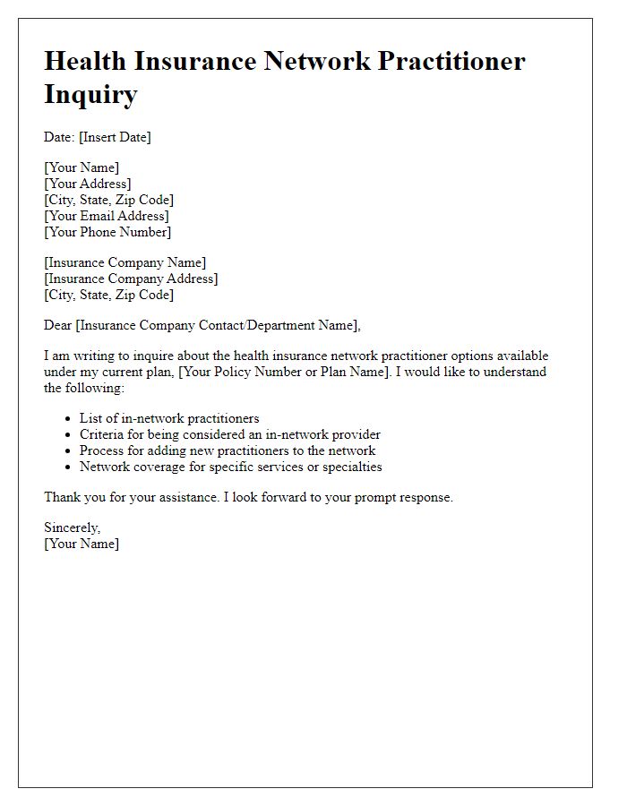 Letter template of health insurance network practitioner inquiry