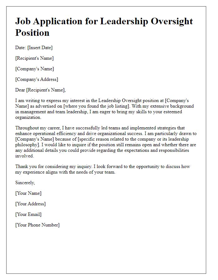 Letter template of job application inquiring about leadership oversight